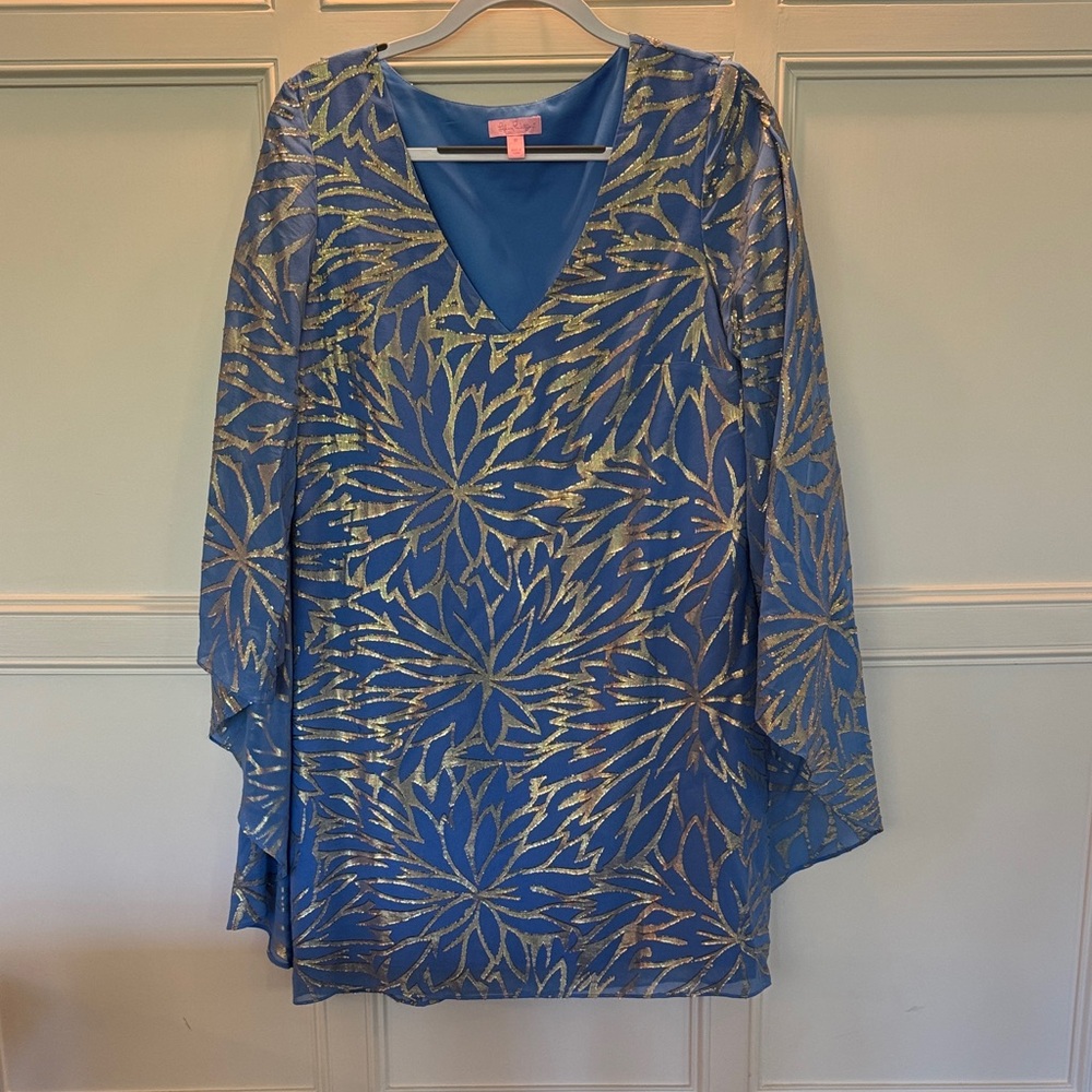 Lilly Pulitzer Blue and Gold Long Sleeve Flowy Dress